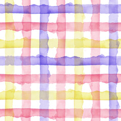 Plaid Watercolor Abstract Yellow Pink Blue Stripes Background. Cool Seamless Check Pattern for Fabric Textile and Paper. Simple Hand Painted Stripe