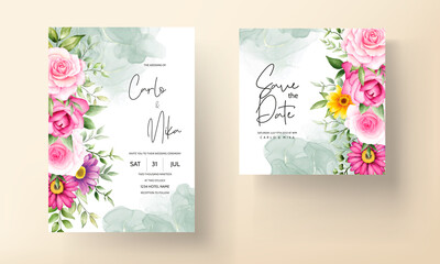 beautiful blooming flower watercolor wedding invitation card