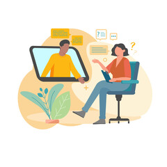 A job interview. The HR specialist conducts an online interview. The concept of a recruitment agency, staff search. Flat design.