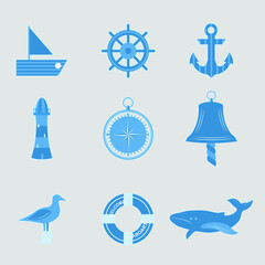 Marine sticker pack. Lighthouse, seagull, lifebuoy, anchor, yacht, steering wheel, whale, compass, bell. Set of cute stickers.