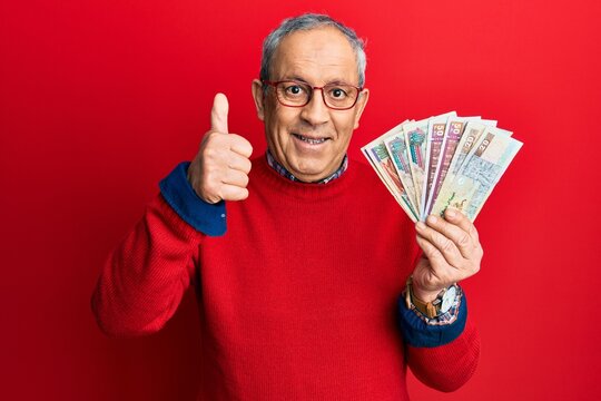 Handsome senior man with grey hair holding egyptian pounds banknotes smiling happy and positive, thumb up doing excellent and approval sign