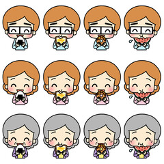 Illustration of a person holding in his hand and eating various foods with a smile