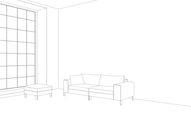 Comfortable sofa with pillows in the interior of a spacious living room. outline illustration, 3d sketch