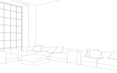Comfortable sofa with pillows in the interior of a spacious living room. outline illustration, 3d sketch