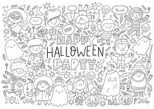 Trick or Treat coloring page. Halloween coloring page for kids. Cartoon children in Halloween costumes. Cute children, witch, dracula, pumpkin, bat, zombie, mummy, cat