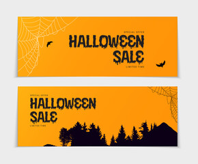 Happy Halloween, Shop Now poster Template on orange Background with bat and spider. Vector Illustration