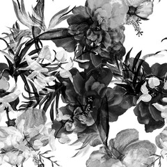 White Tropical Wallpaper. Black Exotic Textile. Hibiscus Design. Seamless Decor. Pattern Print. Watercolor Textile. Summer Decor. Flower Foliage.