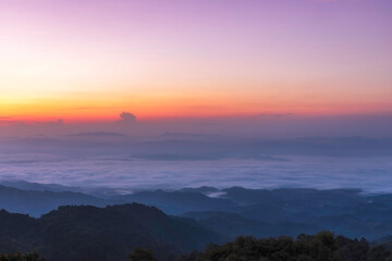 Beautiful sunshine at misty morning mountains at north thailand

