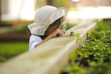 Little kid girl asian wearing a white hat and jeans jumpsuit and xploring nature with a magnifying glass. Which increases the development and enhances outside the classroom learning skills concept.