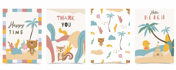 Fototapeta na wymiar Collection of kid postcard set with bear, rainbow, sun.Editable vector illustration for website, invitation,postcard and sticker