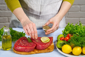 Fresh raw tuna fish was cut into pieces. Cooking Tuna fish at home. sea fish diet