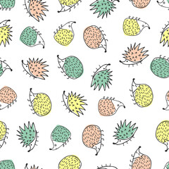 Vector seamless pattern with multicolored hedgehogs on white background. Hand-drawn cute doodle illustration.