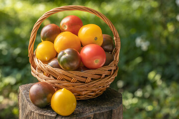 Composition basket with tomatoes of various colors close up. Organic food