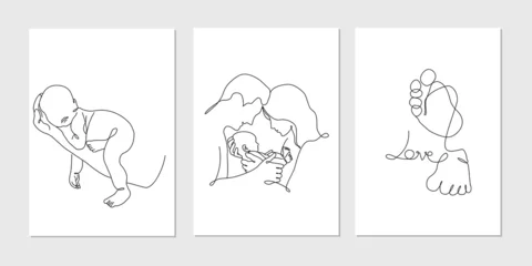 Fototapeten Vektor-Kartensatz in einer Linie Kunststil mit Familienportret, Eltern mit neugeborenem Baby, Mutter, Vater und Baby, Linienkunstillustration © olgahalizeva