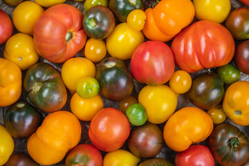 Background of tomatoes of different colors, top view. Assortment of tomatoes