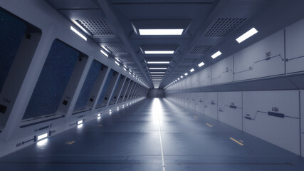 3d render. Futuristic spaceship corridor interior design