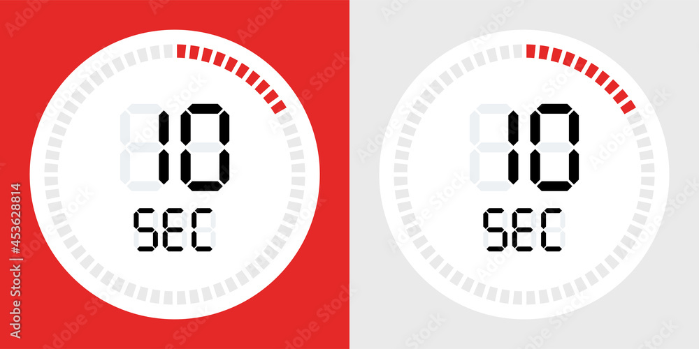 Poster 10 second timer clock. Stopwatch icon countdown time digital stop chronometer
