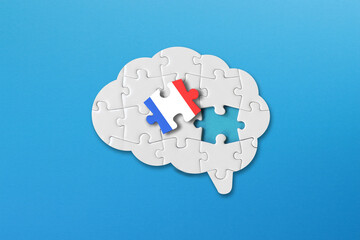 French learning concept, white jigsaw puzzle pieces with french flag a human brain shape on blue background