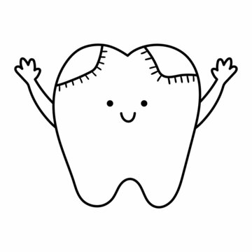 Black and white kawaii tooth with filling and hands up. Vector teeth line icon. Funny dental care picture for kids. Dentist baby clinic clipart or coloring page with mouth hygiene concept.