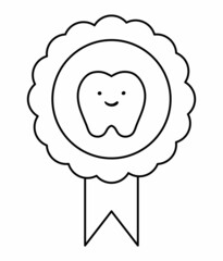 Black and white vector medal with smiling tooth. Vector line badge for dental care treatment or teeth change for children. Dentist baby clinic clipart or coloring page.