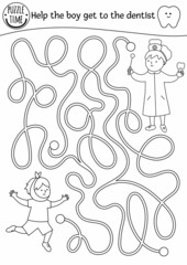 Black and white Dental care maze for children. Preschool outline medical activity. Funny game or coloring page with cute doctor and child with aching tooth. Help the boy get to dentist.