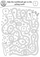 Black and white dental care maze for children. Preschool outline medical activity. Funny game or coloring page with cute toothbrush and ill teeth. Help the brush get to the aching tooth.