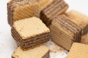 Sweet wafer cream with chocolate isolated on white background.