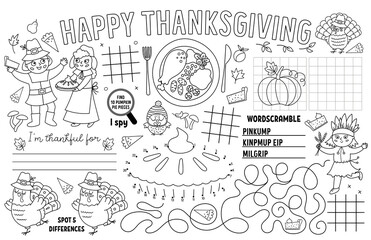Vector Thanksgiving placemat for kids. Fall holiday printable activity mat with maze, tic tac toe charts, connect the dots, find difference. Black and white autumn play mat or coloring page.