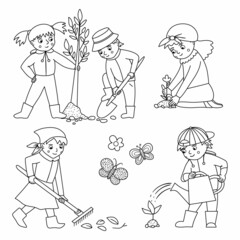 Vector black and white children doing garden work set. Spring outline collection of kids with gardening tools. Young gardeners planting tree and plants, watering plants, raking..