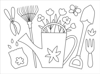 Vector black and white illustration of colorful garden tools with flowers and plants. Outline spring picture. Line watering can with flowers, rakes, seeds, butterfly. Gardening themed concept