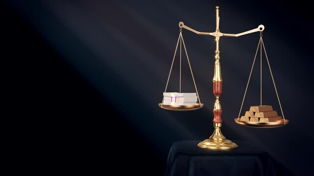 Hanging Balance Scale with golden bars and wad of bills.
Gold vs USD currency concept. 4K seamless loopable 3D animation with a Golden traditional balance scale on a black background.