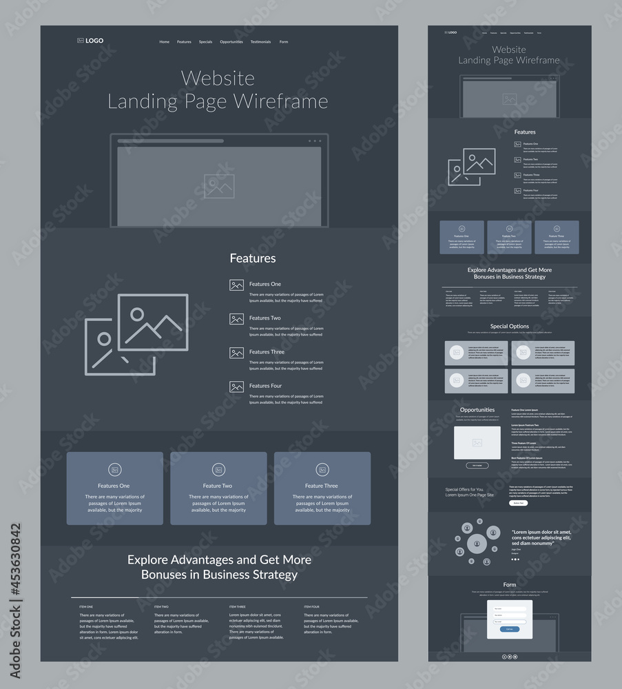 Poster website template design for business. dark landing page site wireframe. modern and responsive layout