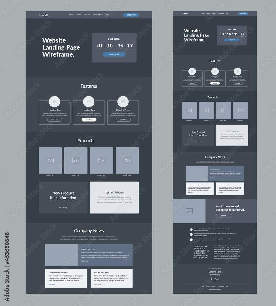 Poster website template design for business. dark landing page site wireframe. modern and responsive layout