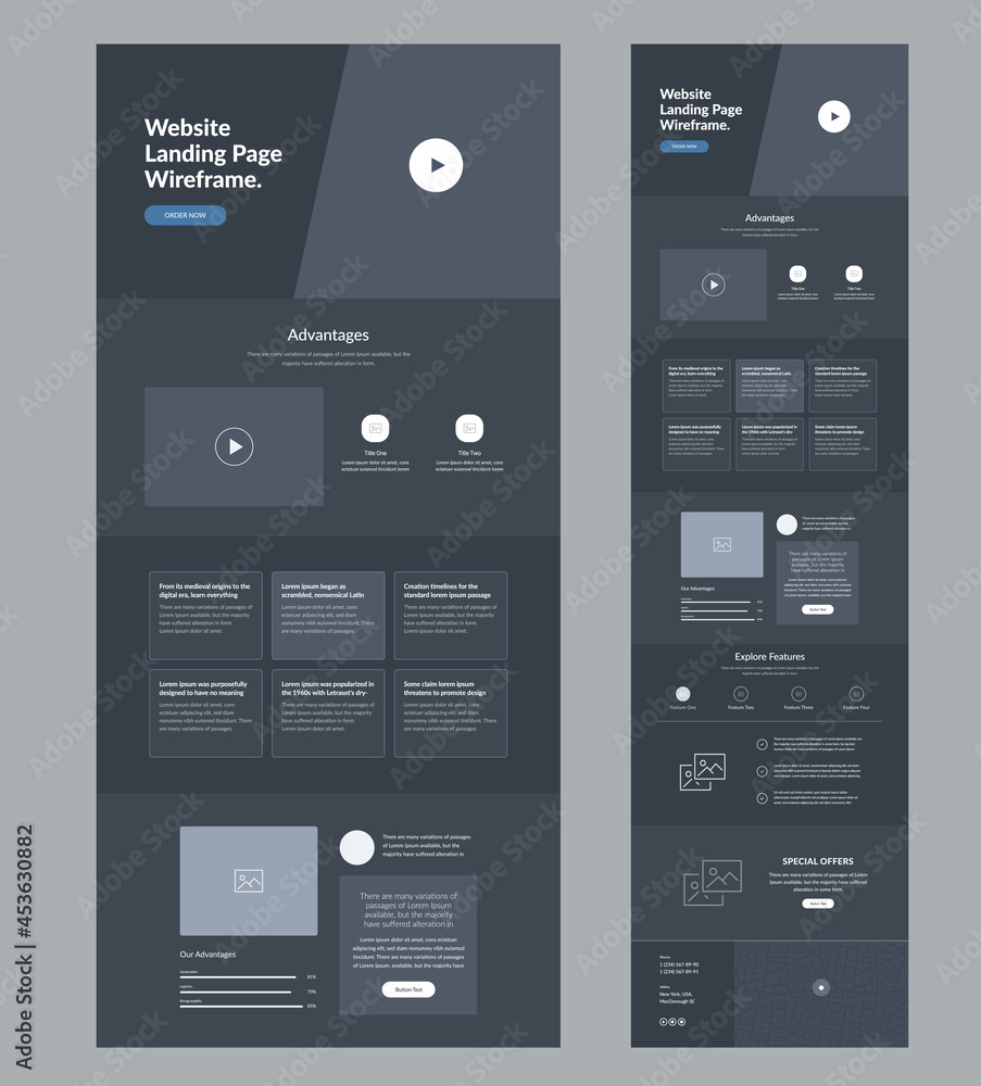Poster website template design for business. dark landing page site wireframe. modern and responsive layout