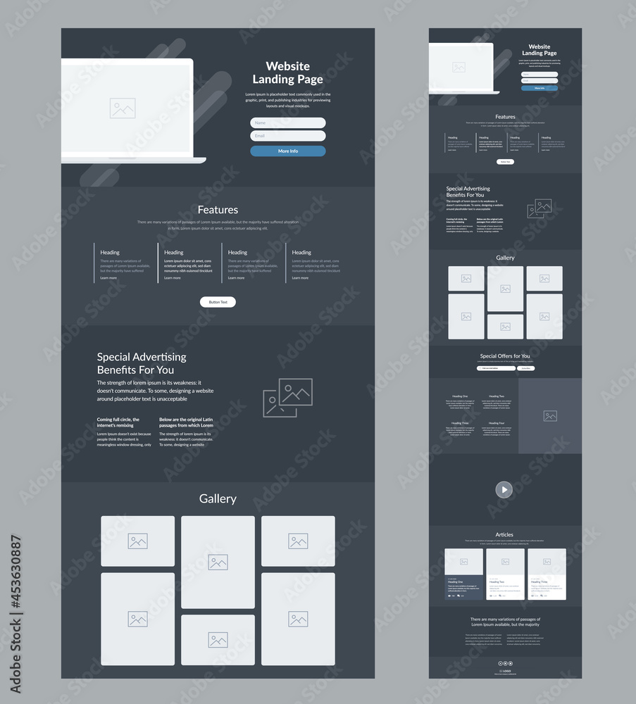 Poster website template design for business. dark landing page site wireframe. modern and responsive layout