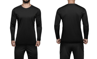 Soccer player in sports uniform black shirt with long sleeves and shorts on isolated white background. Mockup football uniform front and back view