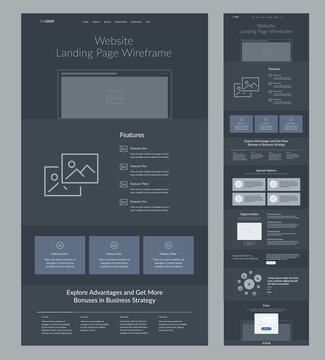Website template design for business. Dark landing page site wireframe. Modern and responsive layout interface design.