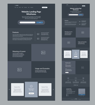 Website template design for business. Dark landing page site wireframe. Modern and responsive layout interface design.