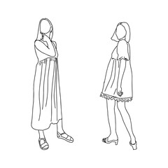 Drawn by a thin line young girls. For registration of an account of a stylist, clothing store, clothing design. Vector illustration.