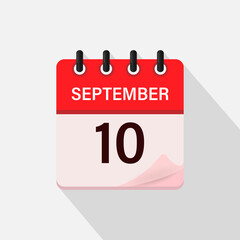 September 10, Calendar icon with shadow. Day, month. Flat vector illustration.
