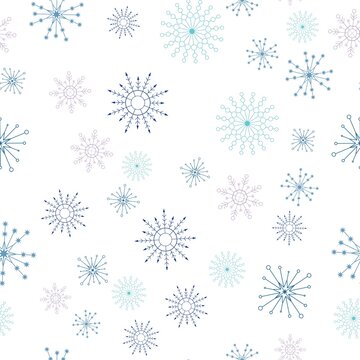 Light And Dark Blue Snowflakes Are Scattered On A White Background.