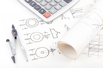 Fiber optics schematics, blueprints on the table, electrical engineering, networking modern...