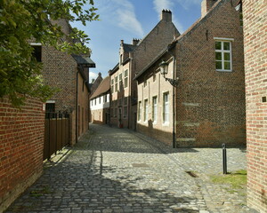 Fototapeta na wymiar Rue à pavés entre les vieilles bâtisses historiques du Grand Béguinage de Louvain (Leuven) en Brabant flamand 