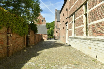 Fototapeta na wymiar Rue à pavés entre les vieilles bâtisses historiques du Grand Béguinage de Louvain (Leuven) en Brabant flamand 