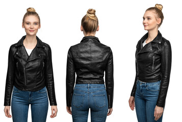 Woman posing in black leather jacket isolated on white background