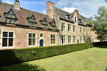 Fototapeta na wymiar L'une des pelouses carrées garnie d'arbres et de haie au Grand Béguinage de Louvain (Leuven)