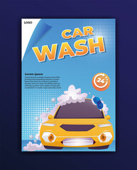 car wash poster with full foam car cartoon illustration