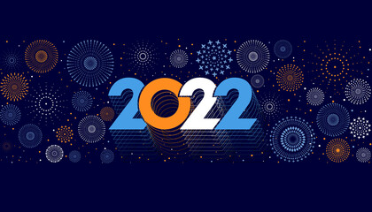 Obraz premium Vector Happy New Year 2022 with colorful fireworks and text on black background.