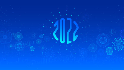 Happy New Year 2022. Vector illustration of the festive fireworks display over the sky with cityscape scene on blue background for holiday and celebration event.