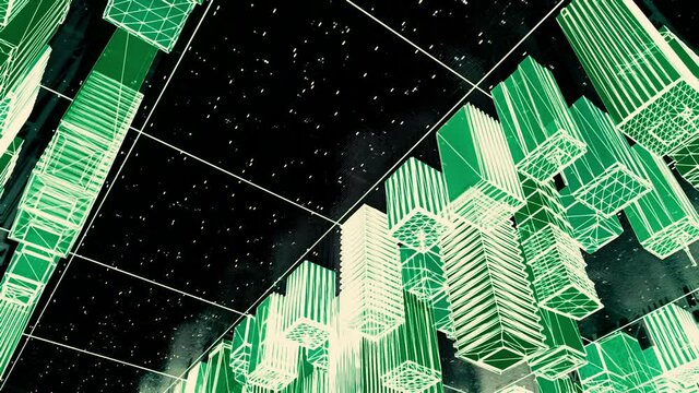 Abstract 3D layout of a city turned upside down, seamless loop. Animation. Abstract landscape of a futuristic city with high rise buildings abd streets.
